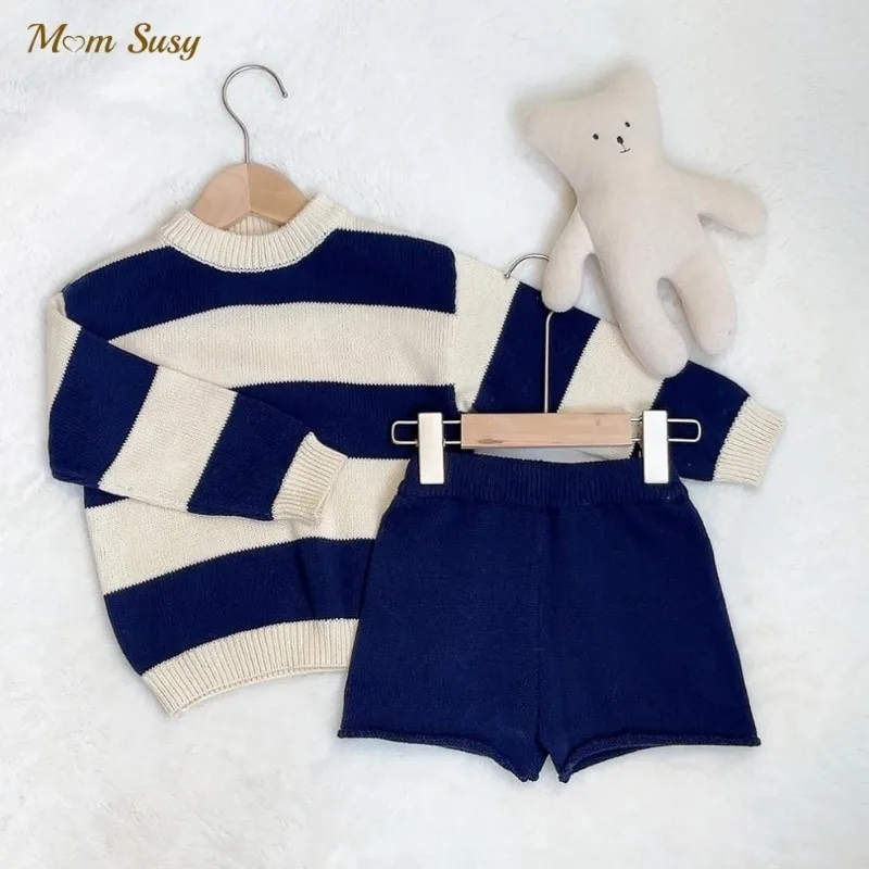 

Модный вязаный свитер в полоску для маленьких мальчиков и девочек; Шорты; Трикотажный костюм для малышей; Сезон весна-осень-зима; Одежда для малышей; От 1 до 5 лет