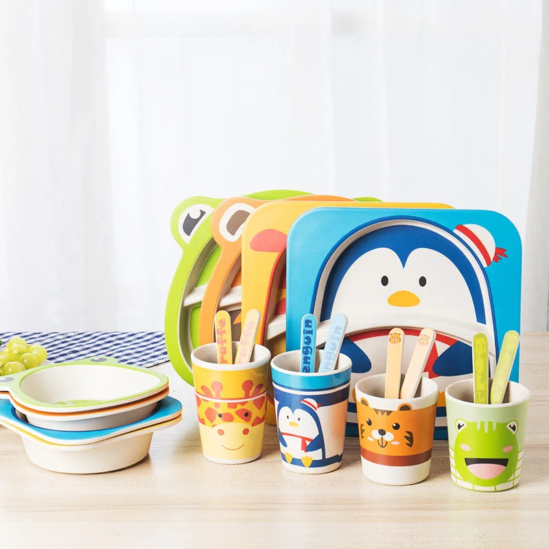 

5pcs Baby Cute Bamboo Tableware Set Children Dishes Plate Bowl Spoon Fork Cup Solid Food Self Feeding for Kids Creative Gifts