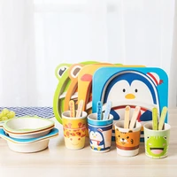 5pcs baby cute bamboo tableware set children dishes plate bowl spoon fork cup solid food self feeding for kids creative gifts