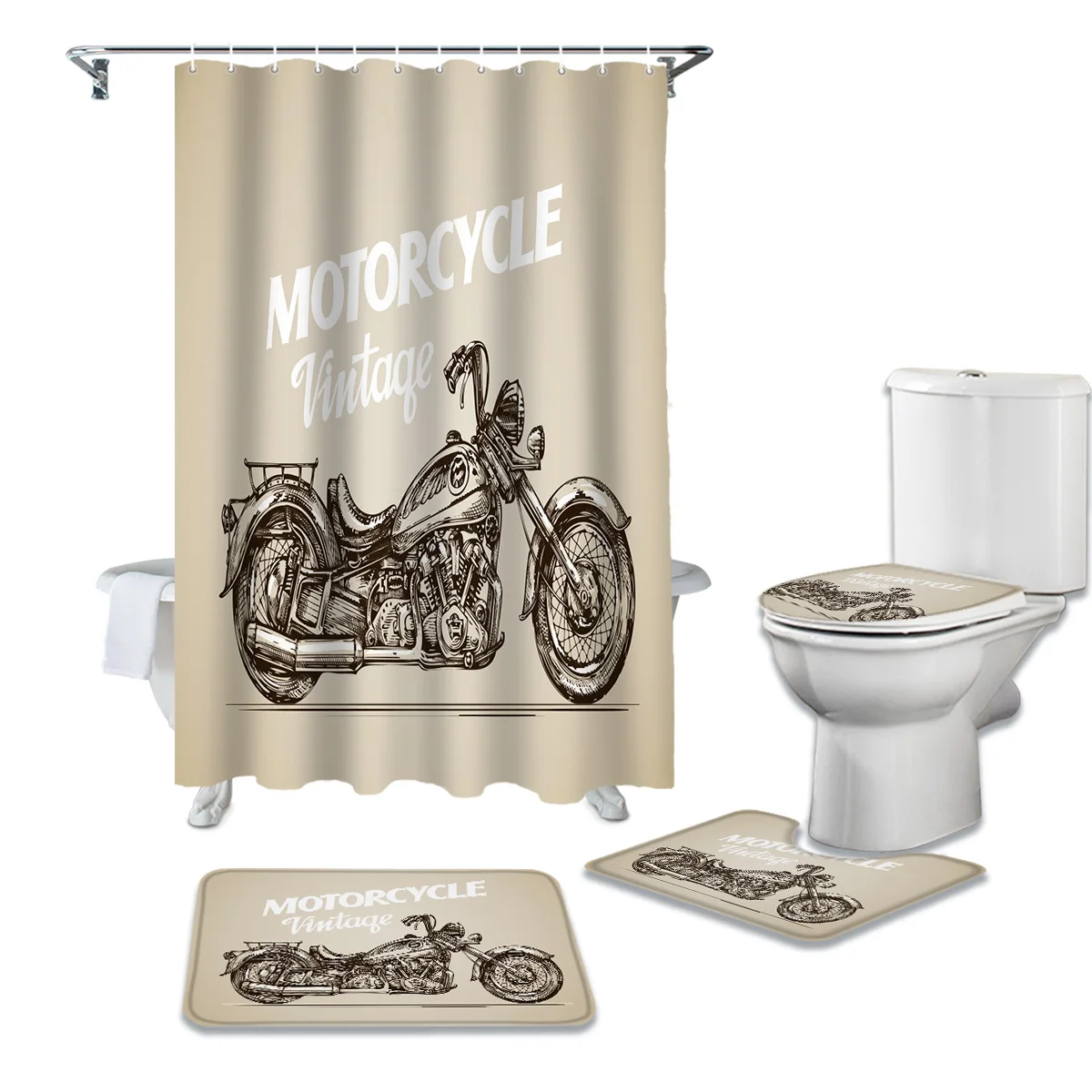 

Винтажная мотоциклетная Красивая пляжная занавеска для душа с принтом, набор ковровых покрытий, крышка для туалета, коврик для ванной комна...