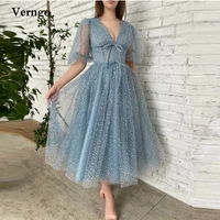 verngo glitter blue tulle prom dresses elegant puff sleeves v neck draped boning bow details tea length party gowns side pockets