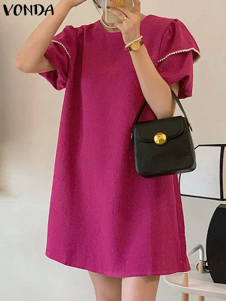 

Women Dress 2022 VONDA Casual Solid Color Sundress Female Crew Neck Double Layer Sleeve Solid Color Party Mini Dress Baggy