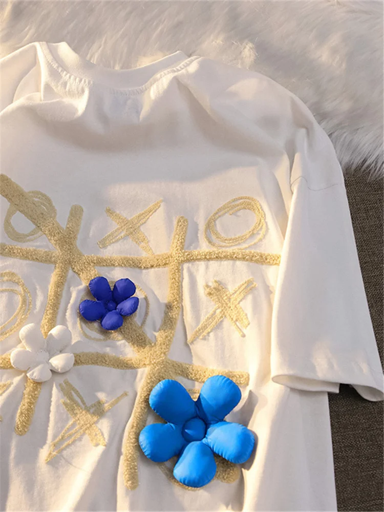 

H.SA 2022 Summer Tide Cotton Loose T-shirt Female Short-sleeve Three-dimensional Flower Letter Printing O-neck Korean Woman Top