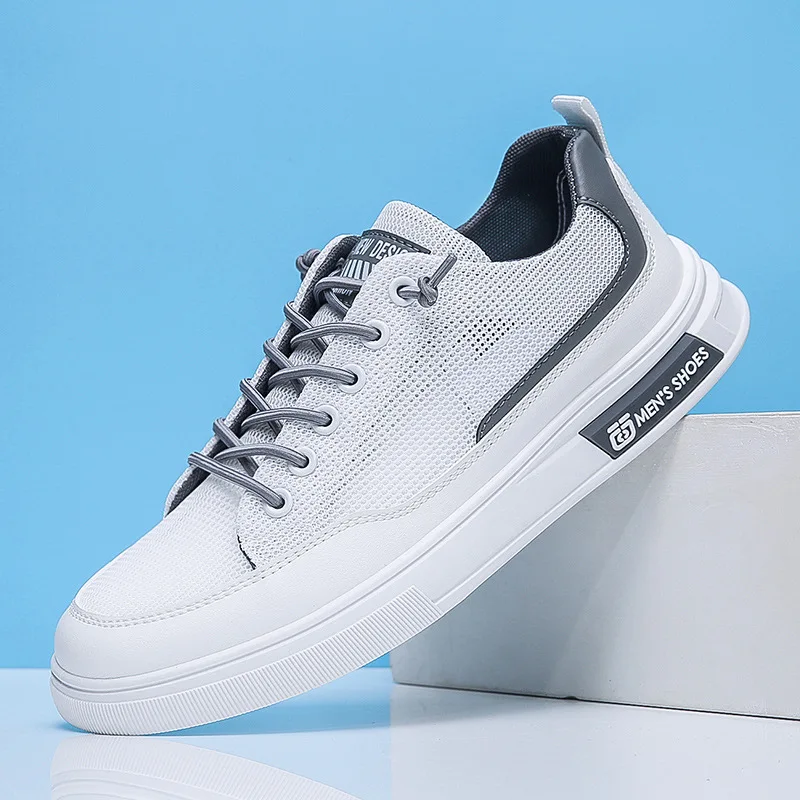 

Men White Mesh Sports Sneakers Leisure Run White Skateboarding Shoes Students Breathable Street Style Board Shoes