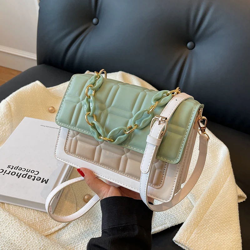 

Contrast Color Pu Leather Crossbody Bag For Women Designer Plaid Handbag Flap Small Bag Female Chain Clutches Shoulder Bag
