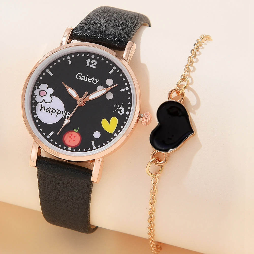 Gaiety Brand 2PCS Set Women Watch Fashion Leather Ladies Quartz Wristwatch Dress Watch For Women Student Girls Clock Girl Reloj