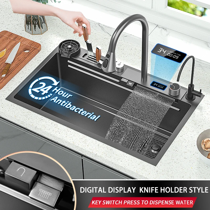 

Waterfall kitchen Sink 304 Stainless Steel Multifunctional Smart Large Single Sink Washing Basin Modern Sink Nano Black