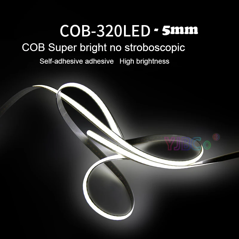 Narrow 5mm PCB 5V 12V 5M single color COB LED Strip 320LEDs White/Warm white/Natural White/Blue/Red FCOB Flexible Light Tape