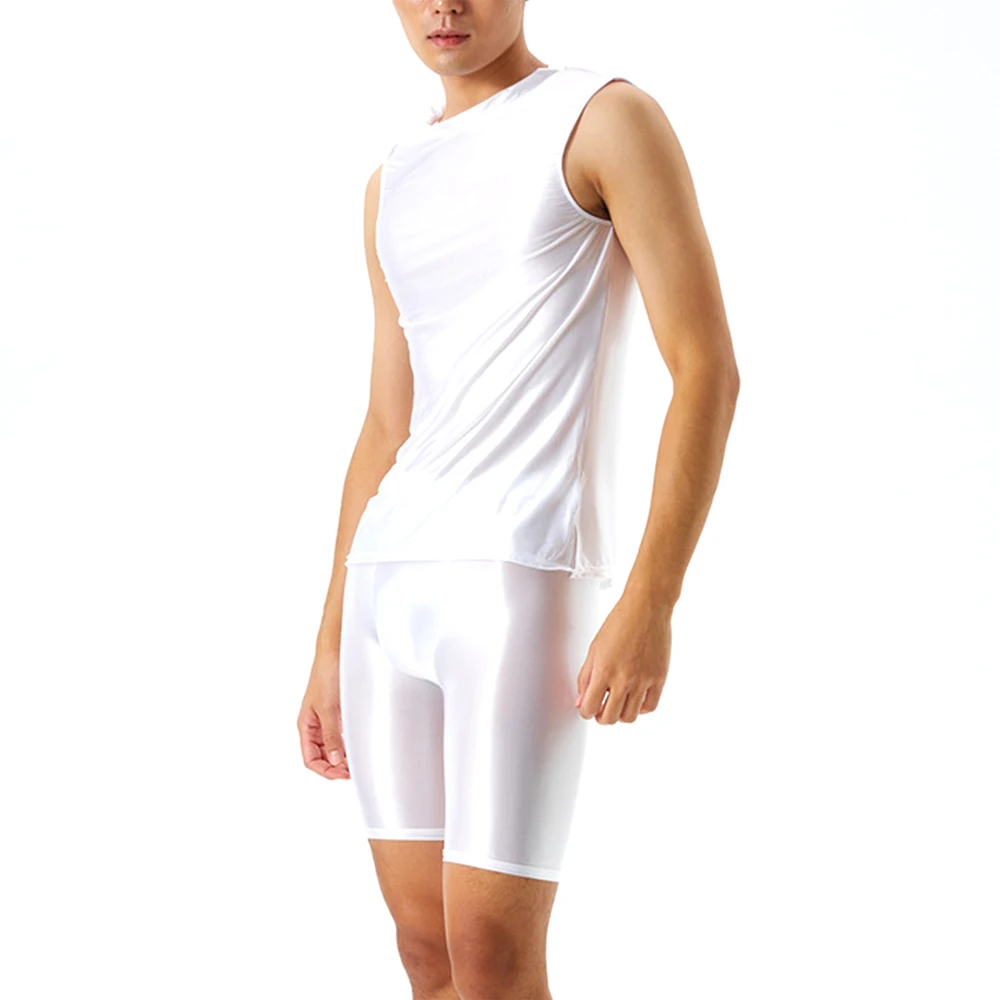 Men Tracksuits Stretch Vest Tanks Shiny Sports Fitness Running Sets Tops Shorts Male Fashion Casual Swimming Yoga Glossy Pants
