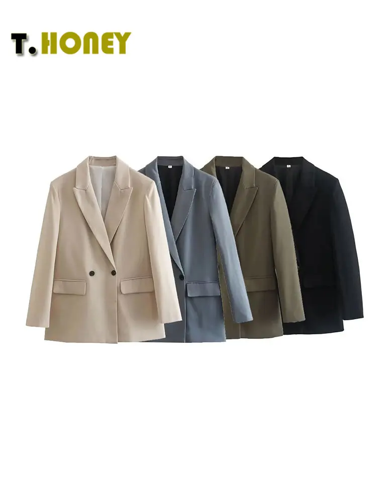 

TELLHONEY Women Fashion Notched Collar Double Breasted Solid Color Blazer Jacket Female Casual Long Sleeves Loose Outfits