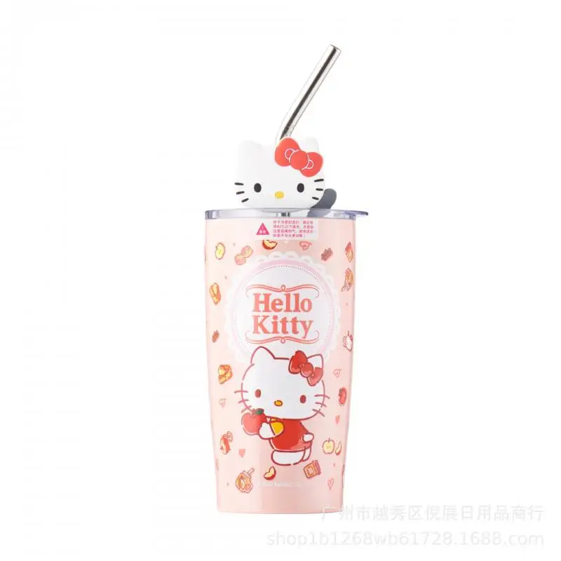 

600ml Sanrio Hellokitty Mymelody Cinnamoroll Straw Milk Tea Cup Anti-scalding Stainless Steel Water Cup Cute Silicone Doll Head