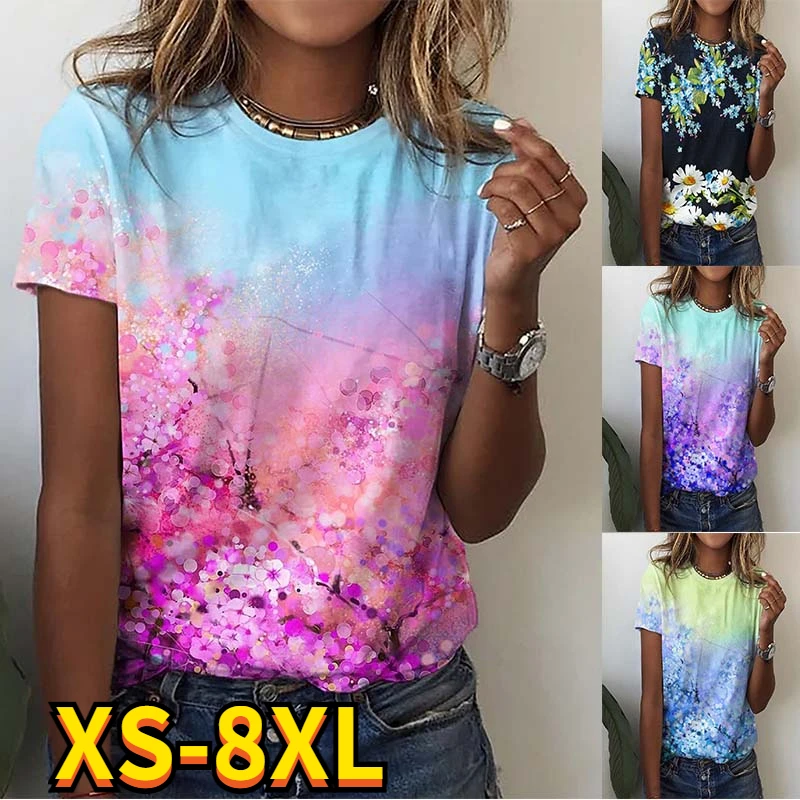 

2022 Summer Women's Floral Theme Printed Painting T Shirts Round Neck Top Loosen Pullover Basic Streetwear New Design Tee Shirts