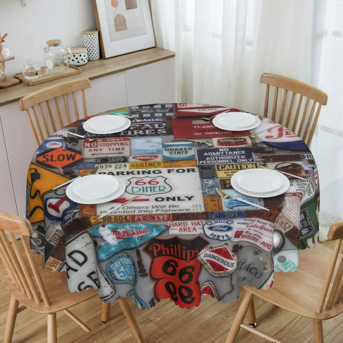 

America Highway Tablecloth Round Oilproof US Route 66 Signs Table Cloth Cover for Dining Room 60 inch