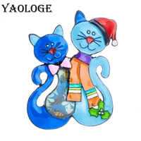 yaologe colorful enamel wear hat scarf two cats brooch pins for women unisex cartoon cute christmas animal brooches jewelry gift