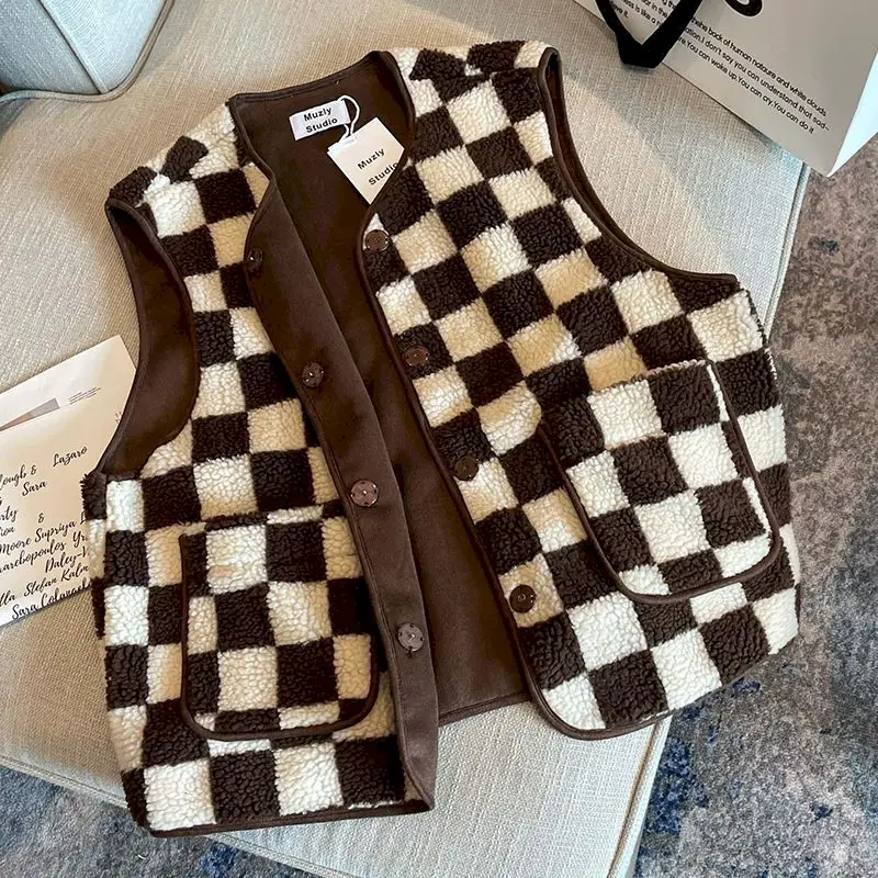 

Polar Fleece Vest Checkerboard Lamb Wool Cardigan Women Oversized Autumn Winter Warm Plus Velvet Thick Fur Waistcoat Female Tops