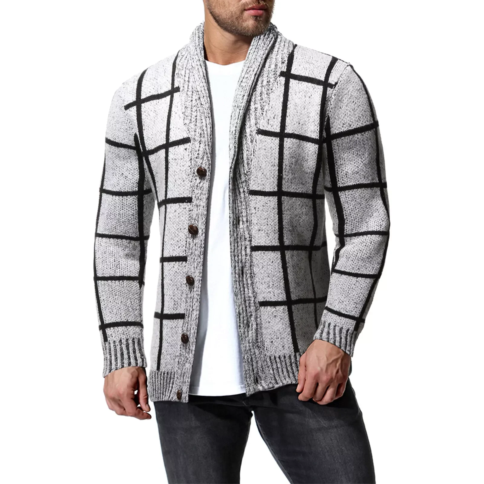 

Мужское однобортное пальто с отложным воротником и длинным рукавом, с принтом в клетку, на пуговицах, утепленный теплый зимний свитер, пальт...