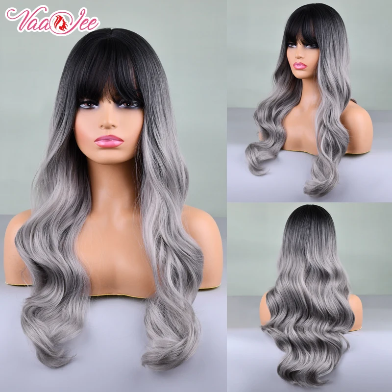 

Long Natural Wave with Bangs Synthetic Wig 150% Density Heat Resistant Hair Omber Gray Cosplay Body Waves Wig fro Women