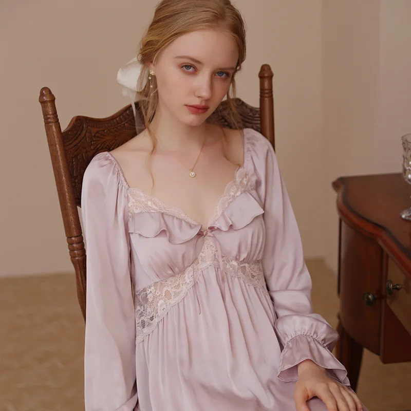 Vintage Princess Sleepwear Women Spring Summer Ice Silk Feel  Long Pajama Nightdress Fairy Ruffles Lace Victorian Nightgowns