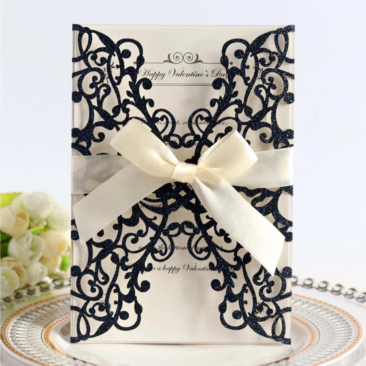 

1Pcs Gold Blue Silver Glitter Paper Laser Cut Invitation Card With Ribbon Personalized Wedding Decor Party Supplies