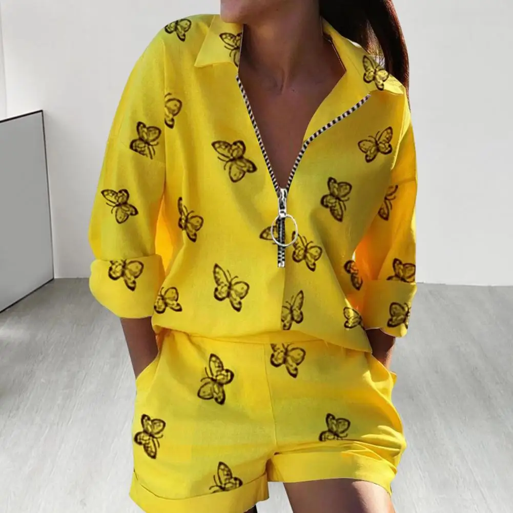 

Trendy Girls Shirt Shorts Suit Turndown Collar Loose Above Knee Female Shirt Shorts Suit Outdoor Wear