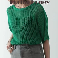 boring honey japanese style solid colour hollow out knitted mesh tops women short sleeve round collar casual wear women clothing
