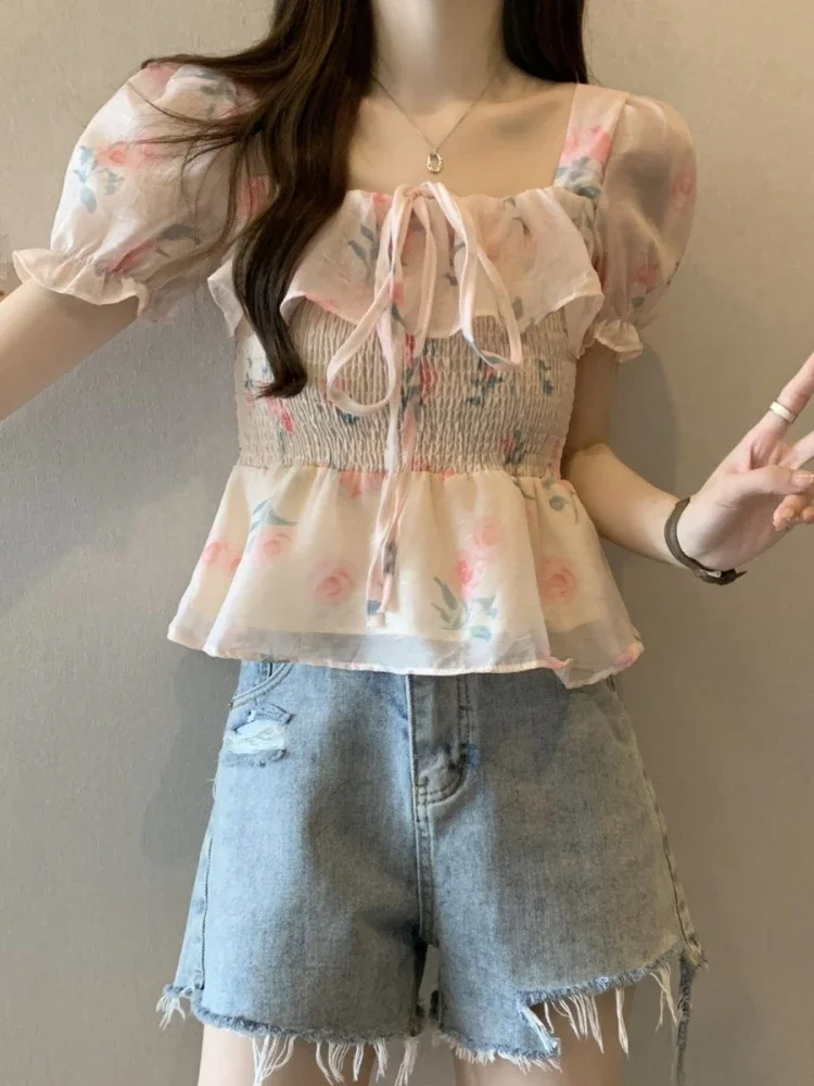 Блузка женская плиссированная с квадратным вырезом модная Милая рубашка пышными