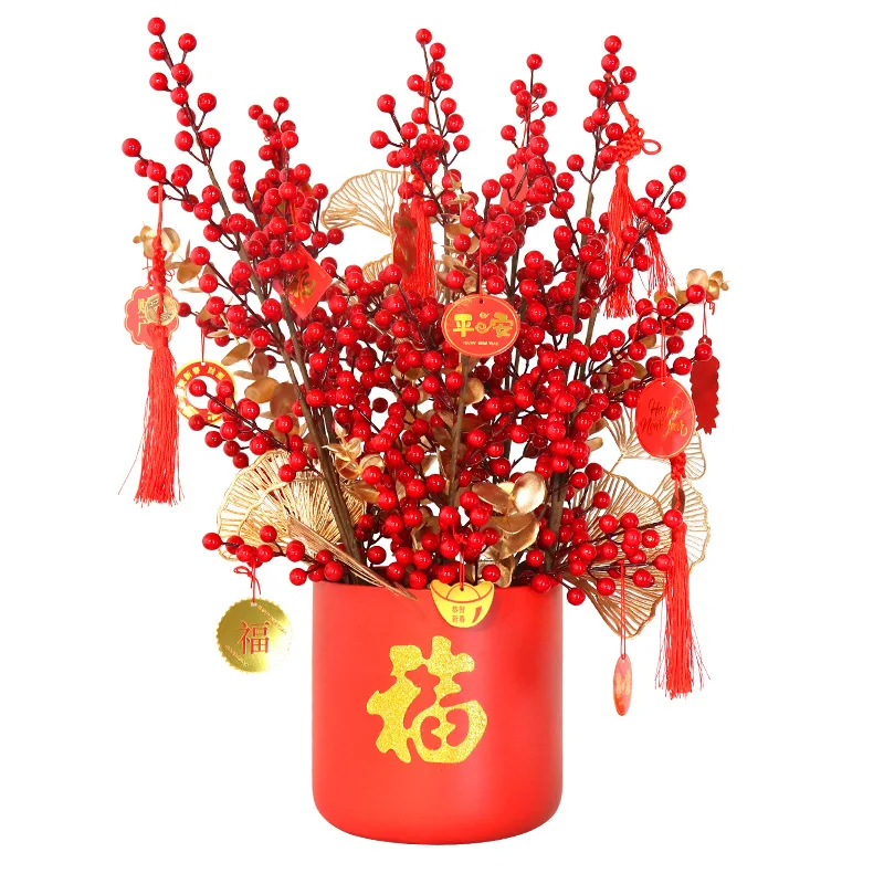 

Chinese New Year Decorations 2022 Tiger Bless Set Flower Festive Bless Red Flower Gold Eucalyptus Leaf Bucket Home Decor
