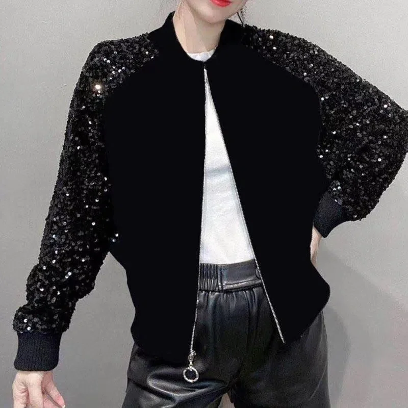 Женская бейсбольная куртка короткая Свободная трикотажная с рукавами блестками