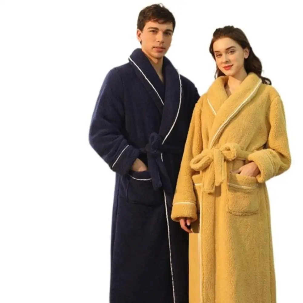 Men's Winter Bathrobe Long Sleeve Warm Turn Down Collar Man Fluffy Bath Robe With Sashes Solid Fleece Dressing Gown For Male
