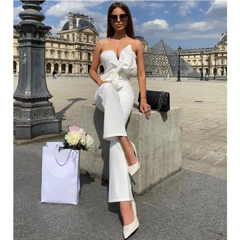

2021 Women Sexy Designer Strapless Black Cotton Jumpsuit Bodycon High Street Celebrity Party Jumpsuit Rompers