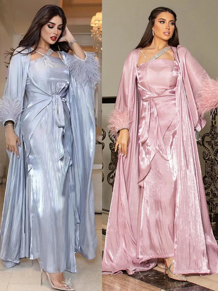 

Марокканское мусульманское платье, комплект из 3 предметов, Abaya Kaftans, вечерние платья с перьями, женское длинное платье, женское платье, платья