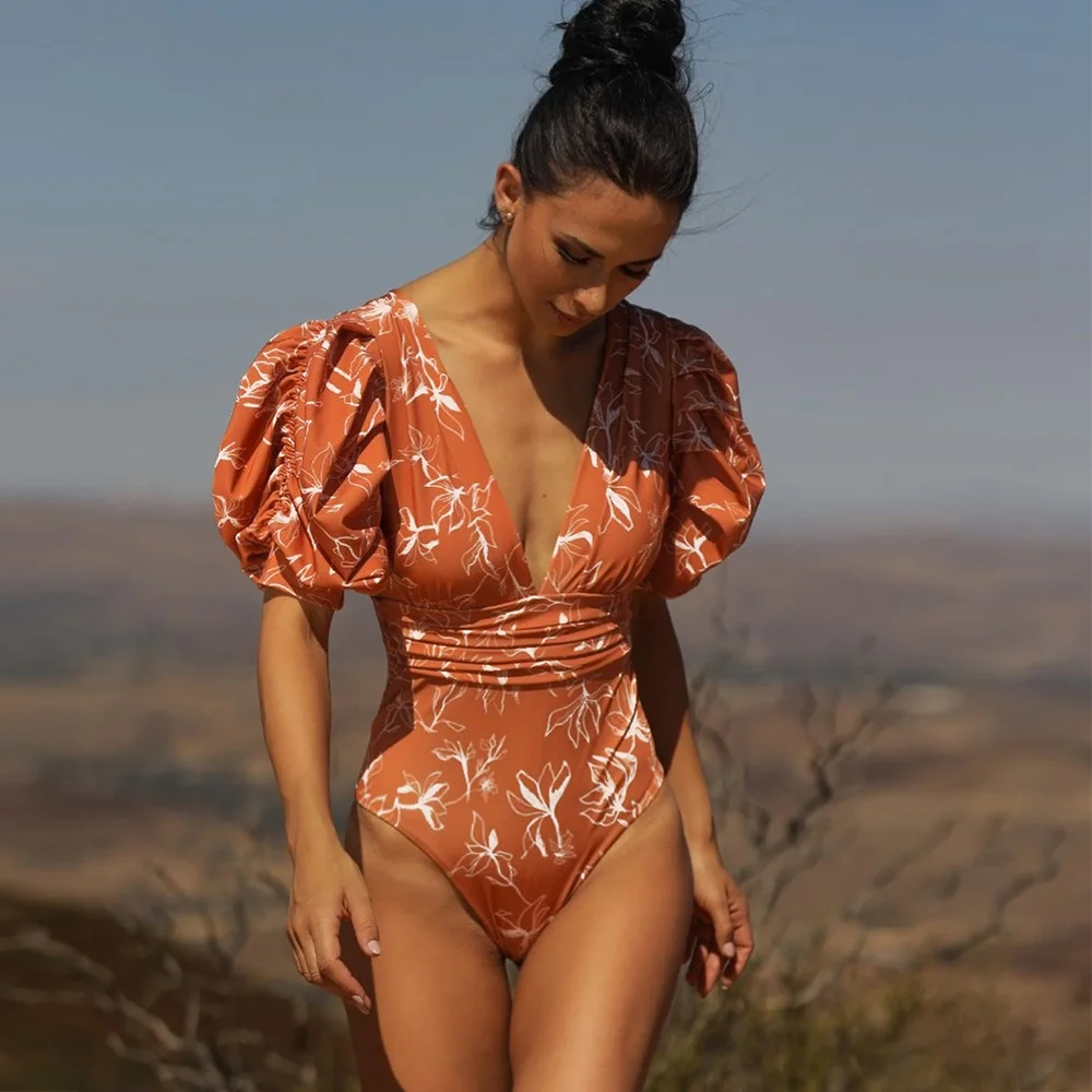 

2023 слитный купальник с пышными рукавами, женский купальник, купальный костюм в стиле пэчворк, пляжная одежда, боди с мягкими чашечками, моно...