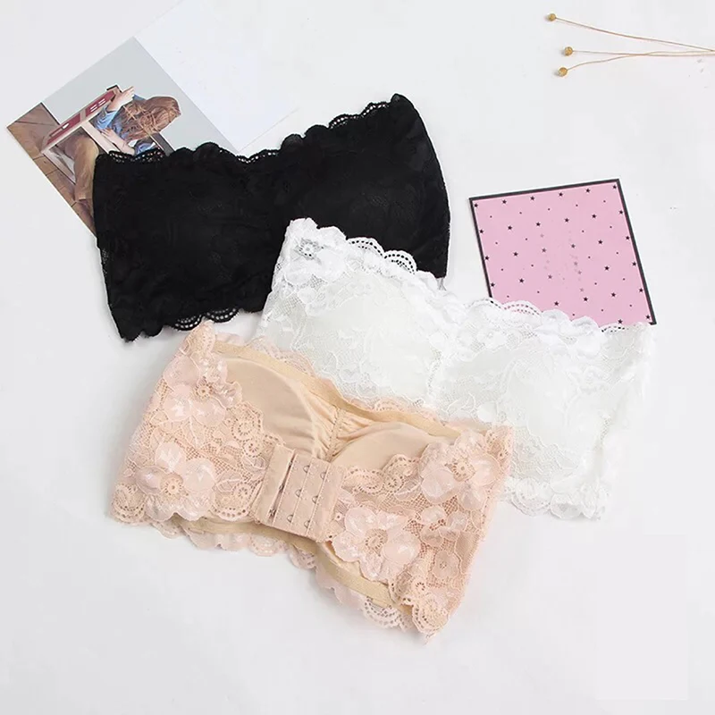 

Womens Floral Lace Seamless Bandeau Wire Free 3-Hook Bralette Strapless Tube Top