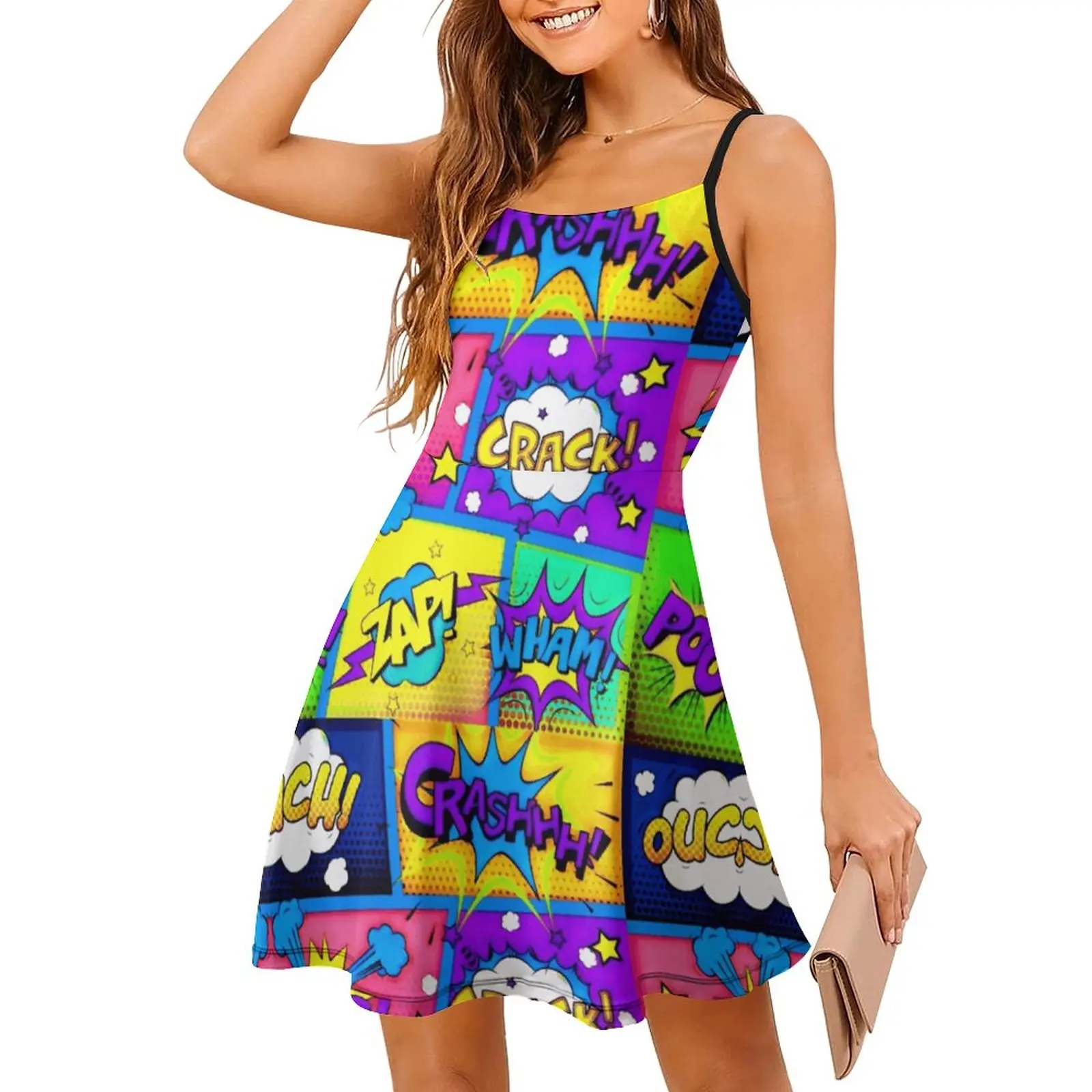 

Exotic Woman's Clothing The Dress Panels Crazy Colorful And Bright Comic Book Panels Arts 3 Women's Sling Dress Graphic Vacatio