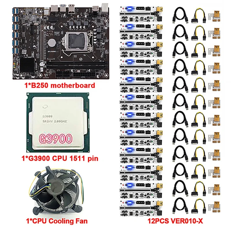 

Материнская плата для майнинга B250C BTC с 12XVER010-X PCIE, карта расширения + процессор + вентилятор охлаждения 12 PCIE на USB3.0 LGA1151 DDR4 DIMM
