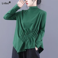 folds t shirts casual o neck spring autumn solid long sleeve comfortable leisure loose popularity all match womens clothing