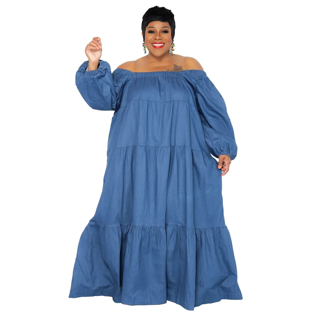 

2022 Summer Elegent African Women Long Sleeve Black Navy Blue Long Dress African Dresses for Women L-4XL