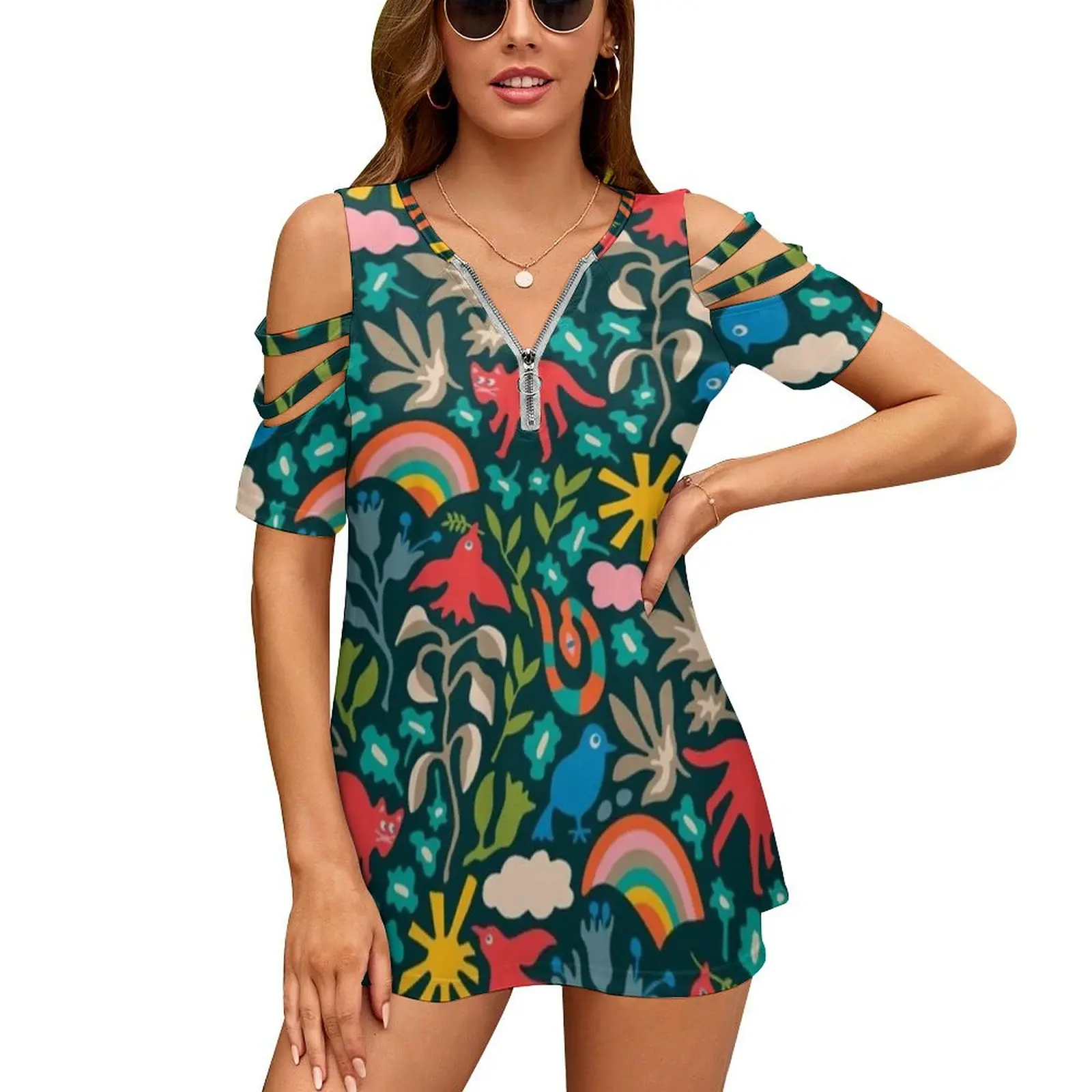 Женская футболка Land Of Plenty Nature Pattern-Unblink Studio By Jackie летняя модная с v-образным вырезом