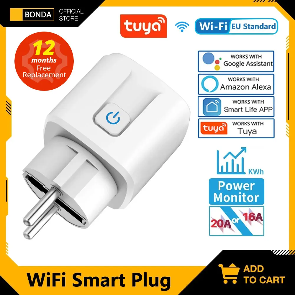 Купи Smart Plug WiFi Socket EU 16A/20A With Power Monitor Timing Function Tuya Smart Life APP Control Works With Alexa Google Home за 395 рублей в магазине AliExpress