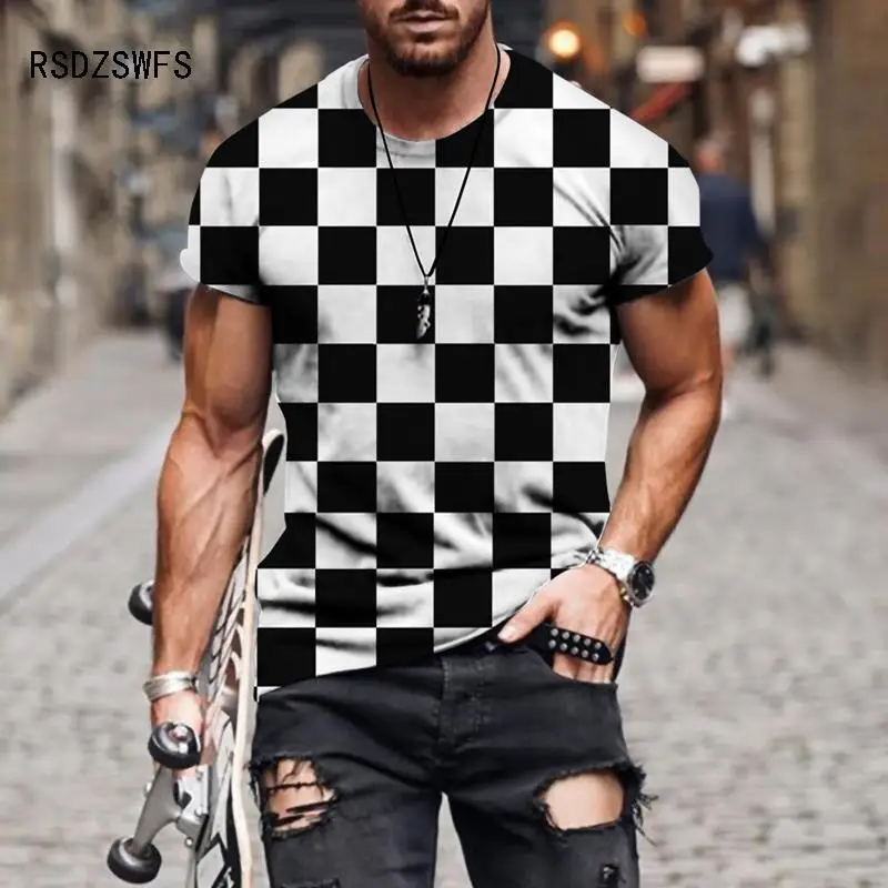 

Summer Hot Simple 3d Plaid Printed T-shirt Men's Summer Breathable Oversized Short-sleeved Sports Casual Men's T-shirt Hip Hop F