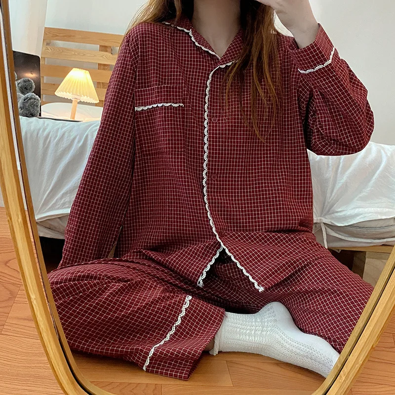 

Spring And Autumn Korean Style Pajamas Women's Plaid Lace Long-sleeved Trousers Student Girls Can Wear Two Sets Of Home Clothes