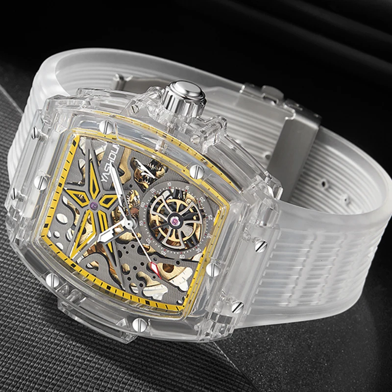 

Luxury Tonneau Shape Men's Mechanical Watch Chronograph Hexagonal Screw Set Pentagram Skeleton Dial Design Hip Hop Gifts Clock