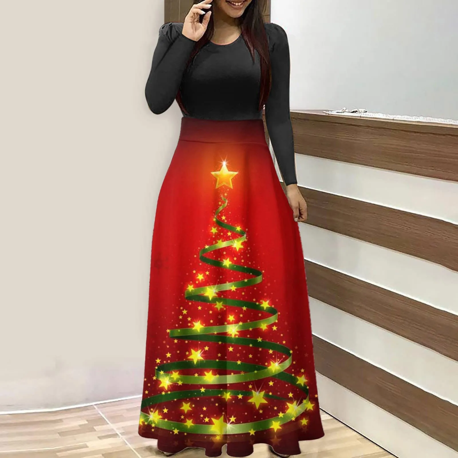 

Suitable Dress For Women Christmas Idea Tree Printed Dresses Fashion Oversized Long Dress For Christmas Women Dress 2023 Vestido