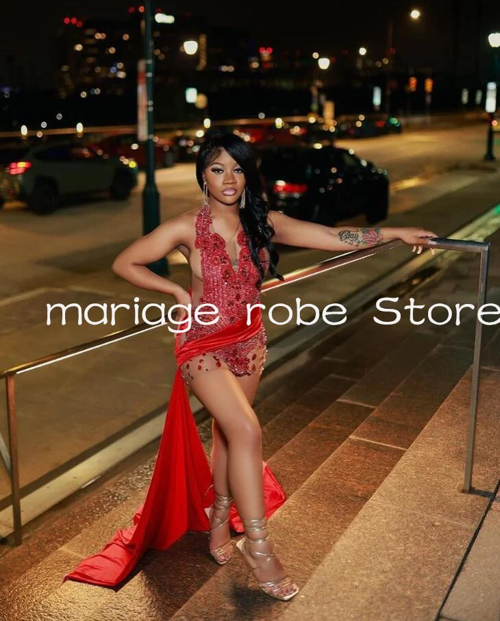 Sparkly Short Prom Formal Dresses for Black Girl Red Lavender Lilac Luxury Crystal Sheer Evening Birthday Gala Gown Customsized