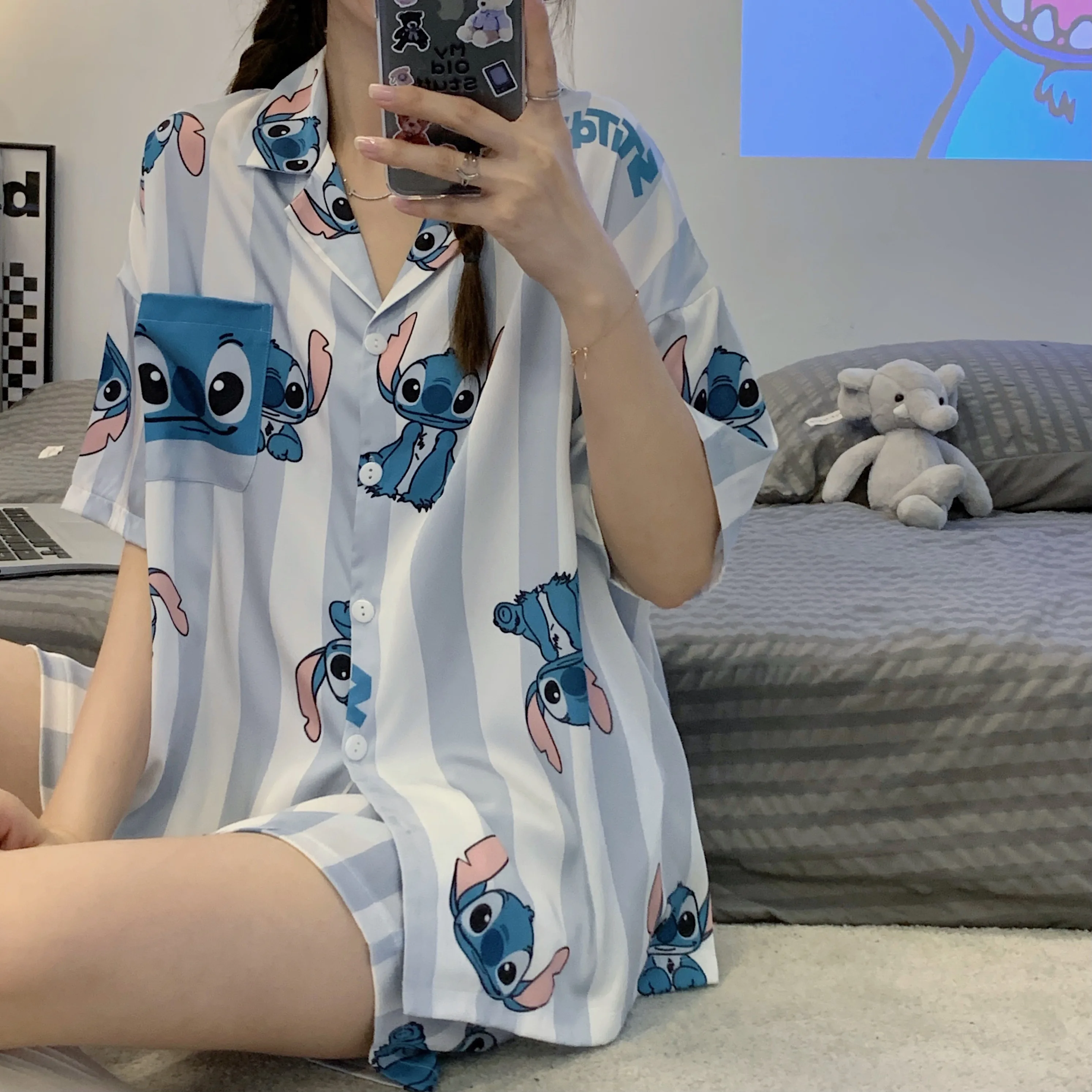 

Disney Stitch Silk Pajamas Sets High-quality Luxury Women's Stain Pajama Summer Short-sleeve Cardigan Set Ice Silk Home Suit