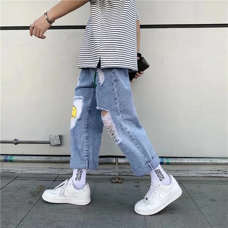 New Korean Fashion Men'S Spring/Summer Brushed Hole Loose Street Jeans Women'S Smiley Print Comfortable Casual Fashion Trousers
