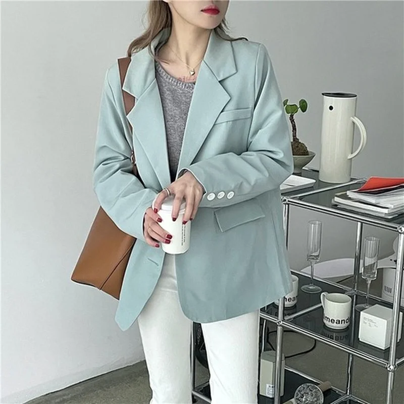 Green Elegant Commuter Blazers Women Single Breasted Solid Colors Casual Suit 2021 Spring Autumn New Fashion Loose Sweet Blazer