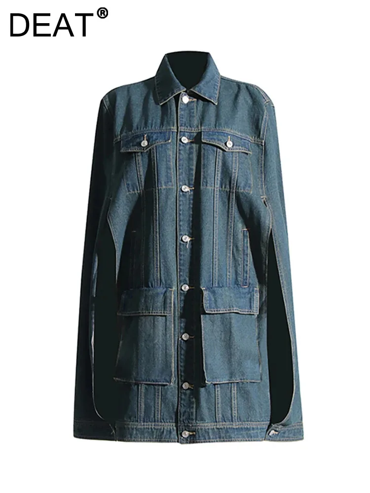 

DEAT Women's Denim Cloak Coat Hollow Out Patchwork Big Pockets Long Sleeve Design Cape Jackets 2023 Autumn New Fashion 29L5330