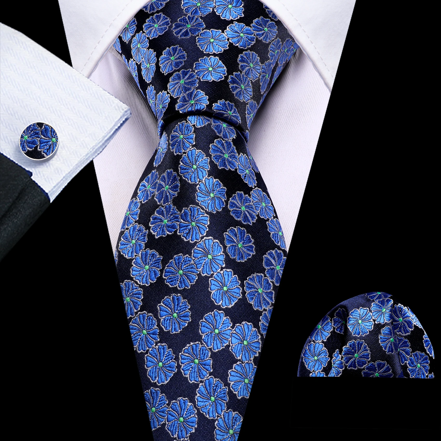 

Barry.Wang Royal Blue Men Tie Fashion Silk Floral Necktie Handkerchief Cufflinks Sets Groom Wedding Party Birthday Designer 6501