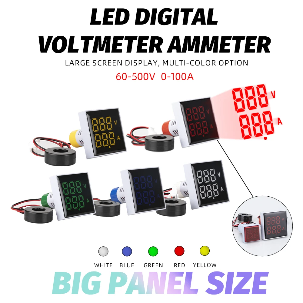 

Upgrade 2in1 Large LED Screen Display Digital Ammeter and Voltmeter 60-500V 0-100A AC Current Indicator Digital Voltage Ampere